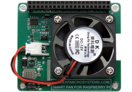 Smart Fan HAT with a green circuit board and black square cooling fan, featuring GPIO header and red-and-black wires