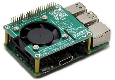 Smart Fan HAT with a green circuit board, black cooling fan, brass standoffs and GPIO header mounted on Raspberry Pi