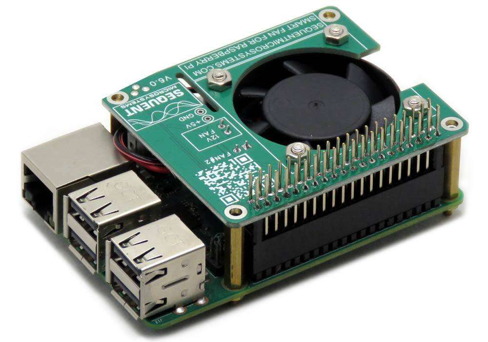 Smart Fan HAT with a green circuit board and black fan, stacked on a Raspberry Pi with GPIO pins exposed