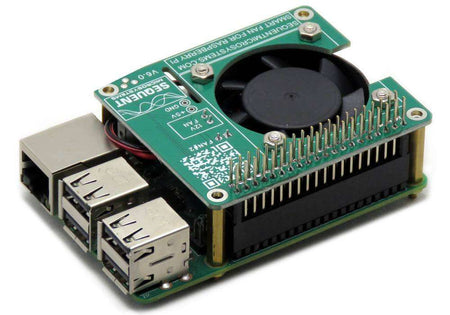 Smart Fan HAT with a green circuit board and black fan, stacked on a Raspberry Pi with GPIO pins exposed