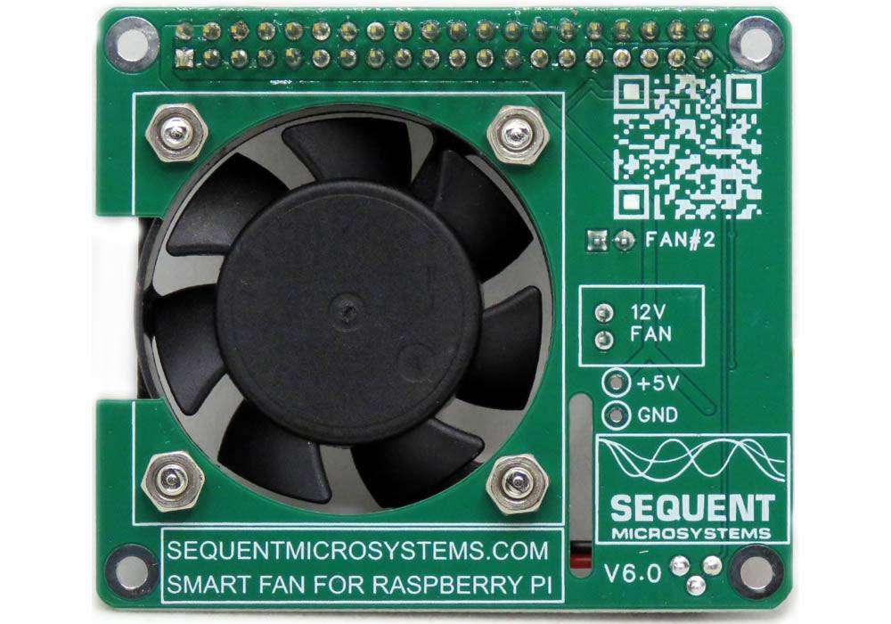 Smart Fan HAT with a black cooling fan mounted on a green Raspberry Pi circuit board, featuring GPIO pins and status markings