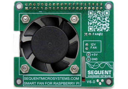 Smart Fan HAT with a black cooling fan mounted on a green Raspberry Pi circuit board, featuring GPIO pins and status markings