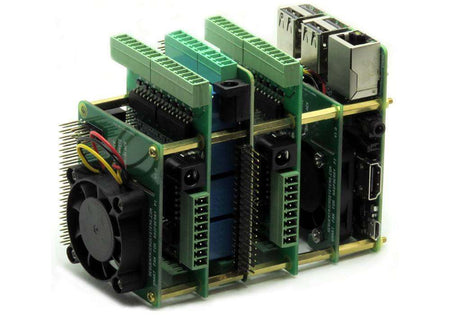 Smart Fan HAT with a black cooling fan and green circuit boards, stacked with terminal blocks and metal ports