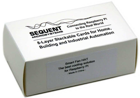 Smart Fan HAT product box in white and gray, printed with Sequent Microsystems branding and Raspberry Pi cooling details