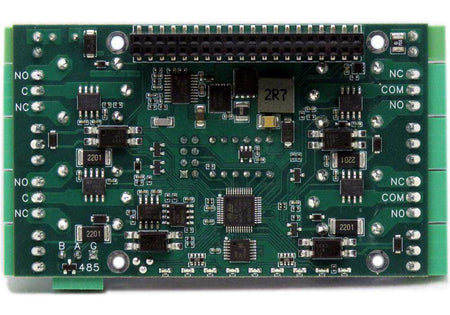 Smart Relays circuit board with a green PCB, black components, four relay channels, terminal labels and GPIO header