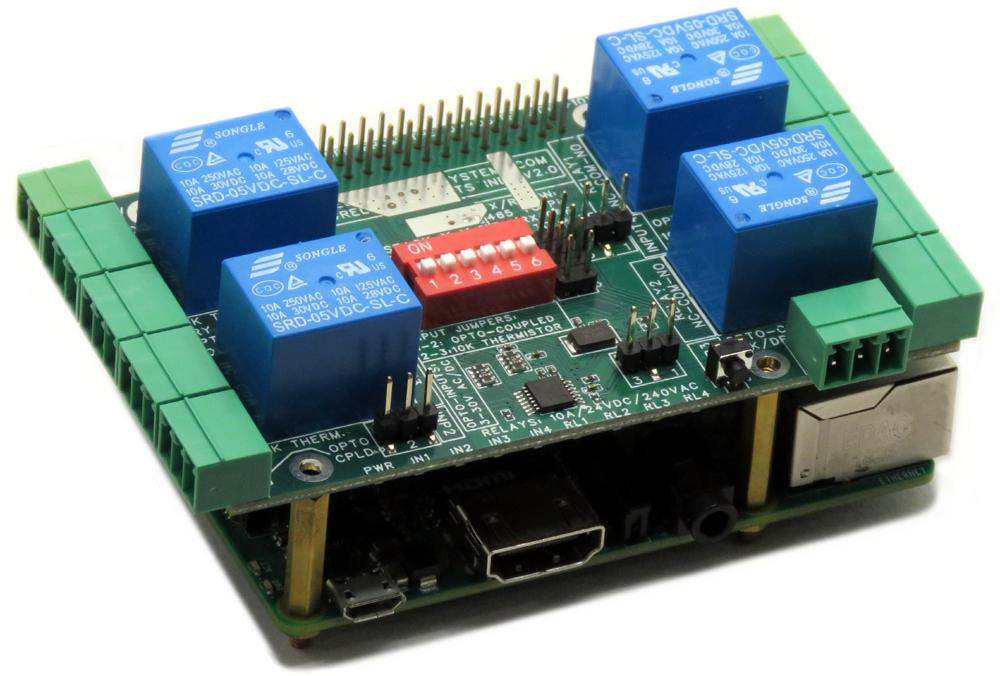Smart Relays Raspberry Pi HAT with green circuit board, four blue relays, red DIP switches, and green terminal blocks
