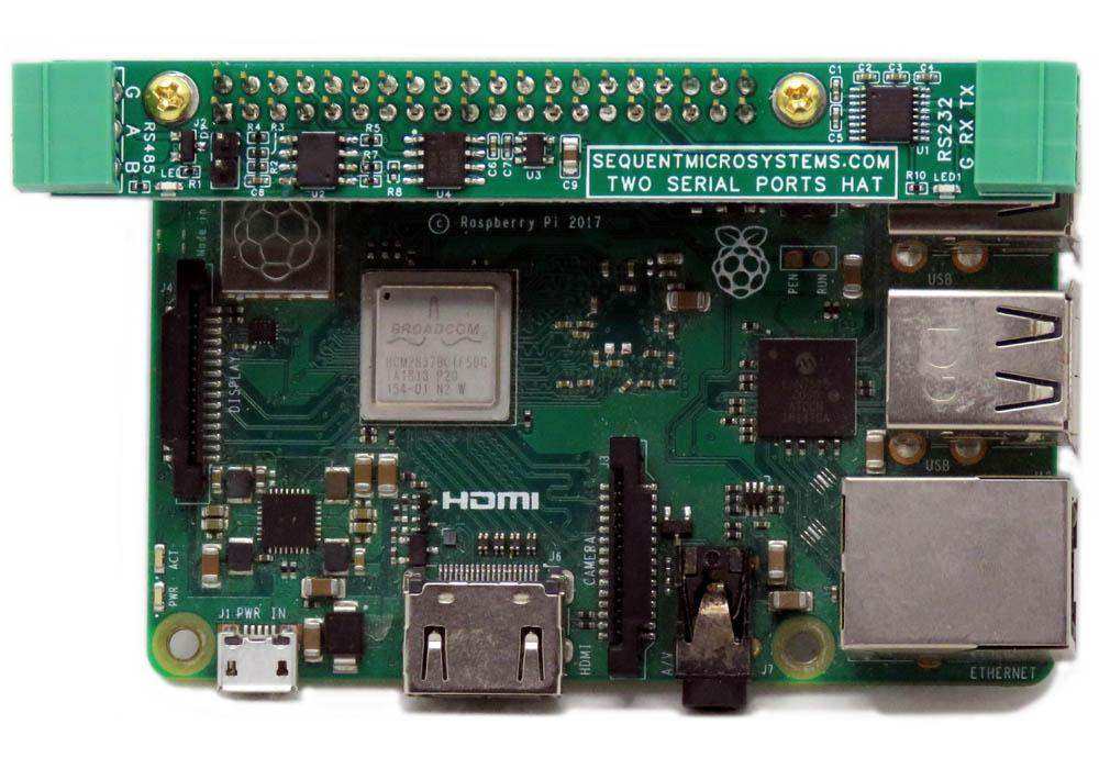 Two Serial Ports HAT with green circuit board, screw-terminal connectors and status LEDs mounted on a Raspberry Pi