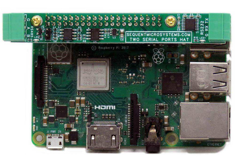 Two Serial Ports HAT with green circuit board, screw-terminal connectors and status LEDs mounted on a Raspberry Pi