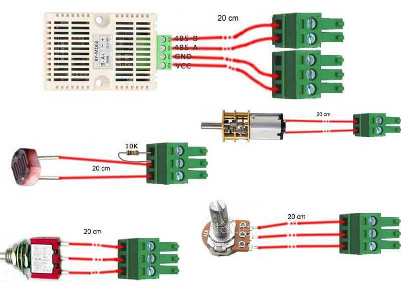 I/O Accessories Kit for Raspberry Pi with sensor connectors including RS485 temperature and humidity sensor, micromotor, photoresistor, potentiometer, thermistor, and ON-OFF-ON switch