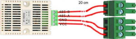 Accessories Kit RS485 temperature and humidity sensor with a cream vented housing, green screw terminals and labeled wires