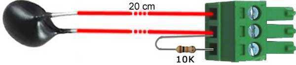 Accessories Kit thermistor sensor with a black bulb, red wires, 10K resistor and green screw terminal connector