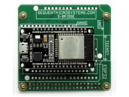 Arduino Uno-compatible green Raspberry Pi replacement adapter with an ESP32 module, gold mounting holes and pin headers