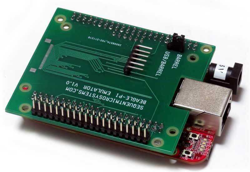 Beagle-Pi adapter board with a green printed circuit board, black GPIO pin headers, and USB and barrel power connectors