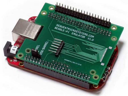 Beagle-Pi adapter board with a green circuit board, black pin headers, and mounting holes fitted over a red BeagleBone board