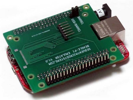 Beagle-Pi adapter board, green printed circuit board with black pin headers, mounting holes and barrel connector