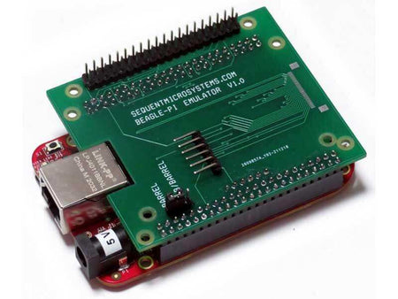 Beagle-Pi adapter board in green PCB with black pin headers, mounted on a red BeagleBone Black board