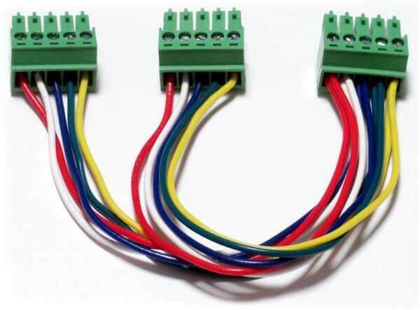 Home Automation self-test cable with three green screw-terminal connectors and bundled red, white, blue, and yellow wires